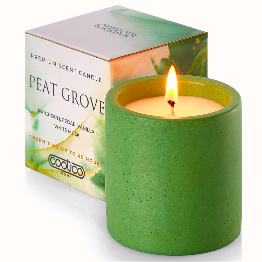 7 oz Non toxic scented candle in green concrete jar - Peat Grove (Patchouli + Vanilla)