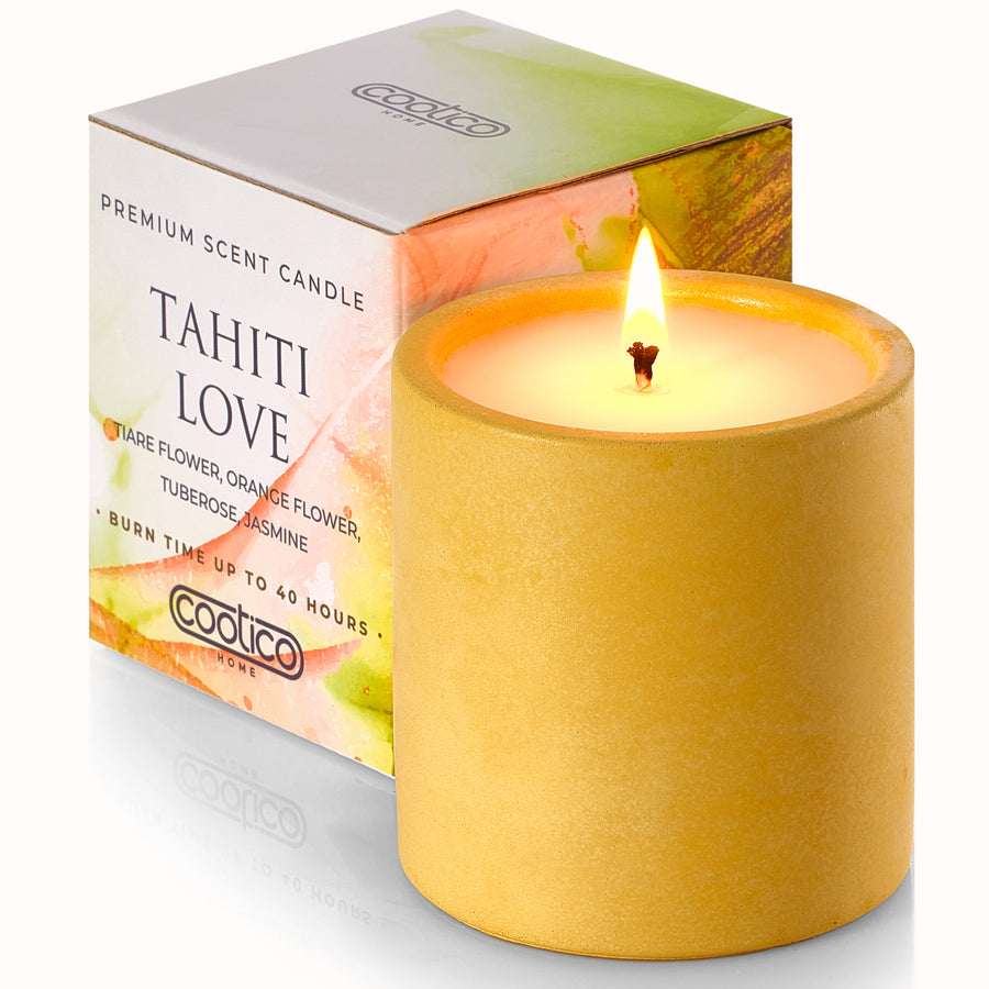 7 oz Non toxic scented candle in yellow concrete jar - Tahiti Love (Tiare Flower + Tuberose)