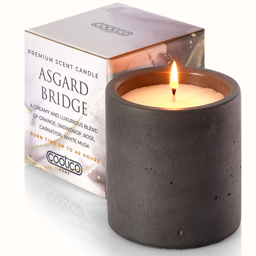 7 oz Non toxic scented candle in graphite concrete jar - Asgard Bridge Creamy Orange + Snowdrop)