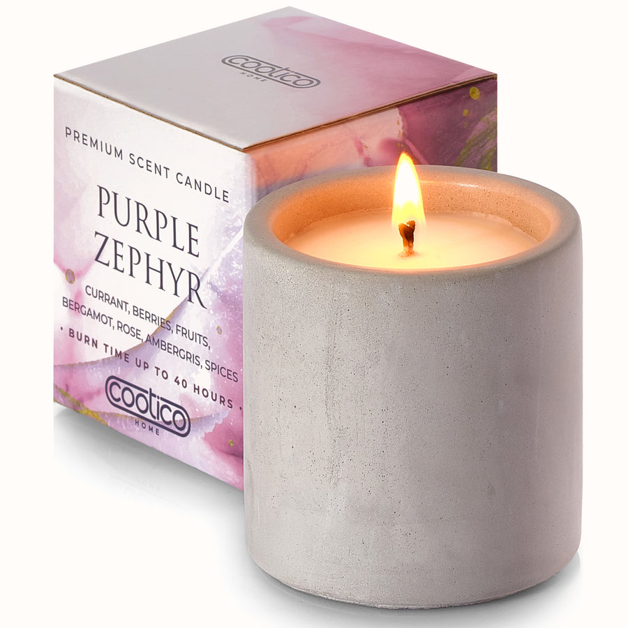 7 oz Non toxic scented candle in grey concrete jar - Purple Zephyr (Forrest berries + Bergamot)